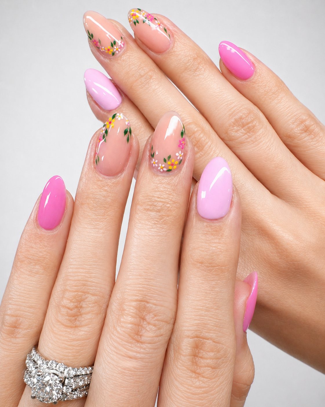 Pink ombre nails with delicate floral art by Vannie